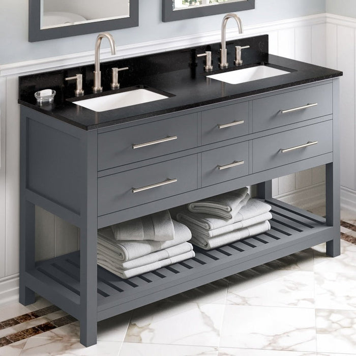 Jeffrey Alexander 60" Grey Wavecrest Vanity, double bowl, Black Granite Vanity Top, two undermount rectangle bowls