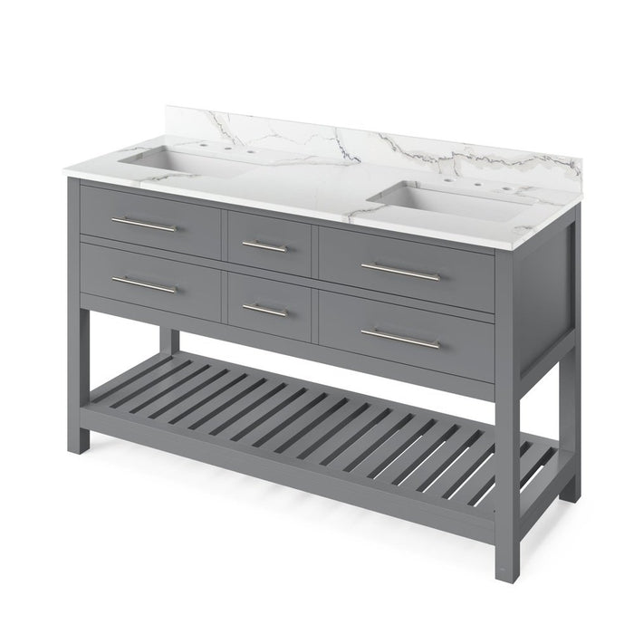 Jeffrey Alexander 60" Grey Wavecrest Vanity, double bowl, Calacatta Vienna Quartz Vanity Top, two undermount rectangle bowls