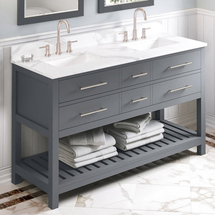 Jeffrey Alexander 60" Grey Wavecrest Vanity, double bowl, Calacatta Vienna Quartz Vanity Top, two undermount rectangle bowls