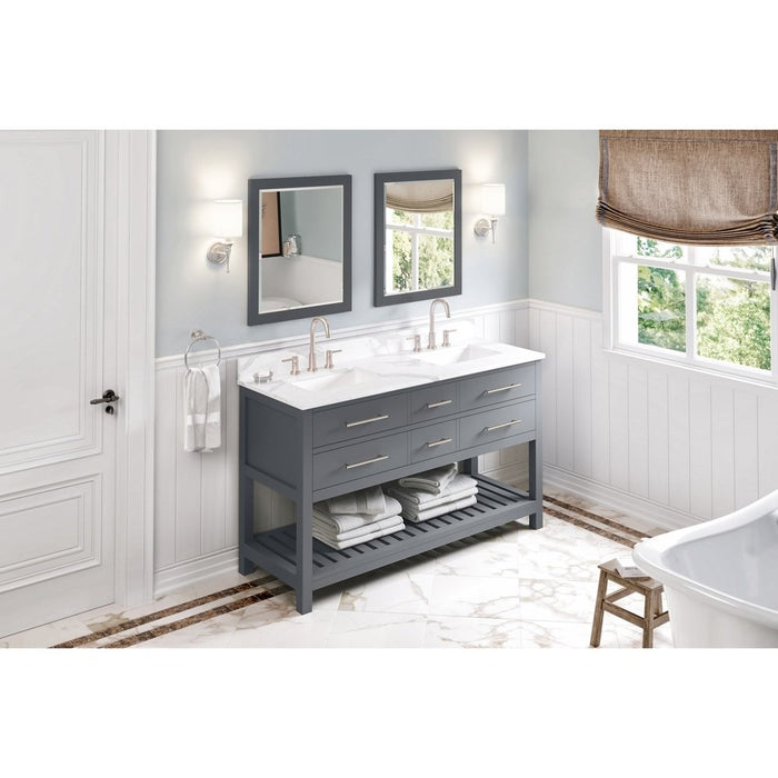 Jeffrey Alexander 60" Grey Wavecrest Vanity, double bowl, Calacatta Vienna Quartz Vanity Top, two undermount rectangle bowls