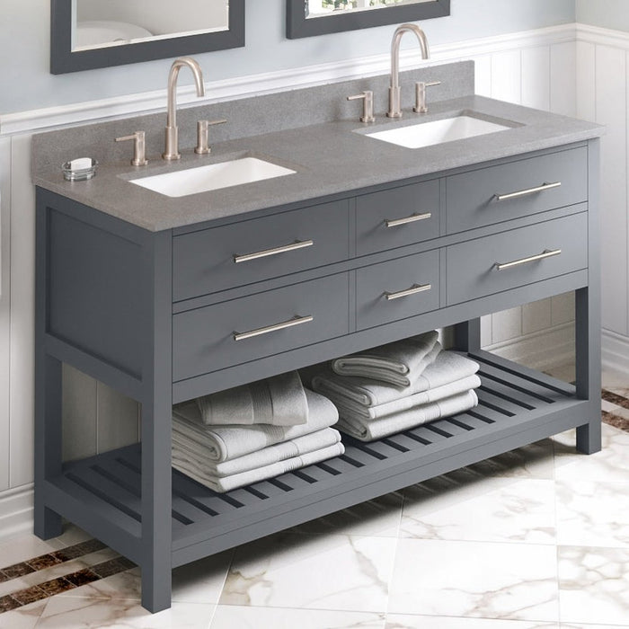 Jeffrey Alexander 60" Grey Wavecrest Vanity, double bowl, Steel Grey Cultured Marble Vanity Top, two undermount rectangle bowls