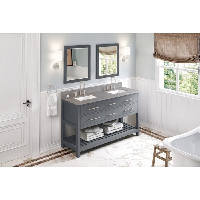 Jeffrey Alexander 60" Grey Wavecrest Vanity, double bowl, Steel Grey Cultured Marble Vanity Top, two undermount rectangle bowls