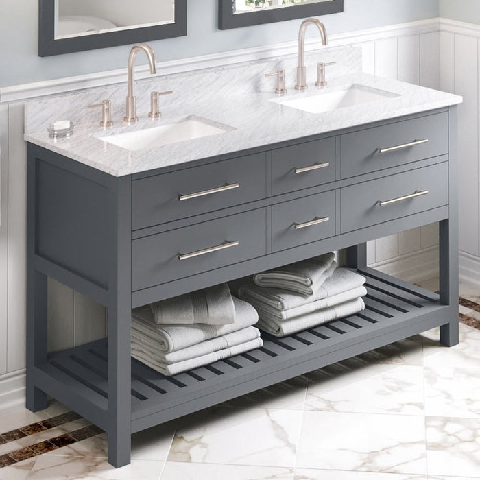 Jeffrey Alexander 60" Grey Wavecrest Vanity, double bowl, White Carrara Marble Vanity Top, two undermount rectangle bowls