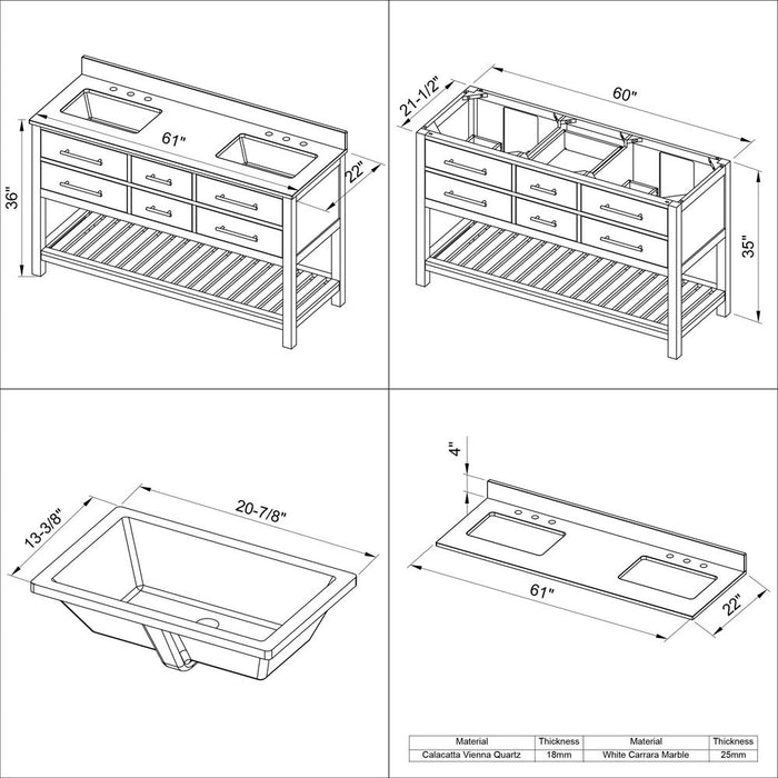 Jeffrey Alexander 60" White Wavecrest Vanity, double bowl, Calacatta Vienna Quartz Vanity Top, two undermount rectangle bowls