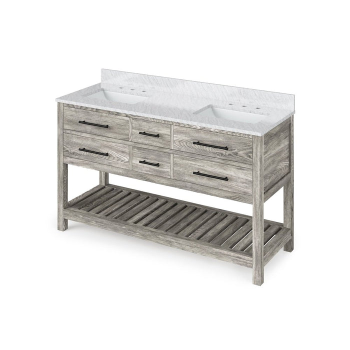 Jeffrey Alexander 60" Weathered Grey Wavecrest Vanity, double bowl, White Carrara Marble Vanity Top, two undermount rectangle bowls