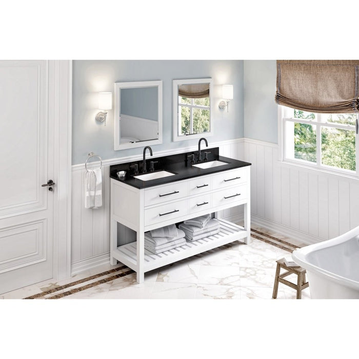 Jeffrey Alexander 60" White Wavecrest Vanity, double bowl, Black Granite Vanity Top, two undermount rectangle bowls