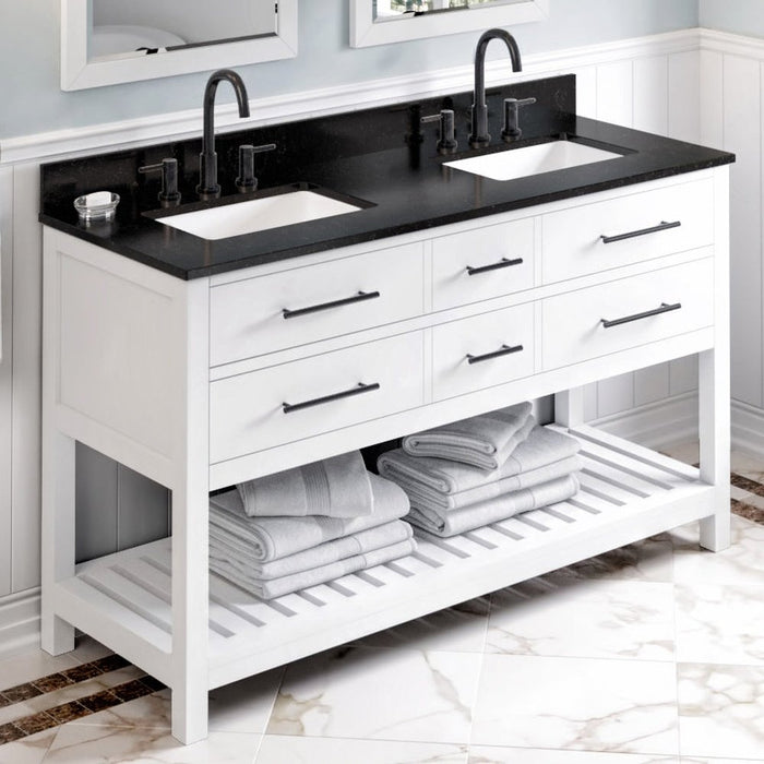 Jeffrey Alexander 60" White Wavecrest Vanity, double bowl, Black Granite Vanity Top, two undermount rectangle bowls