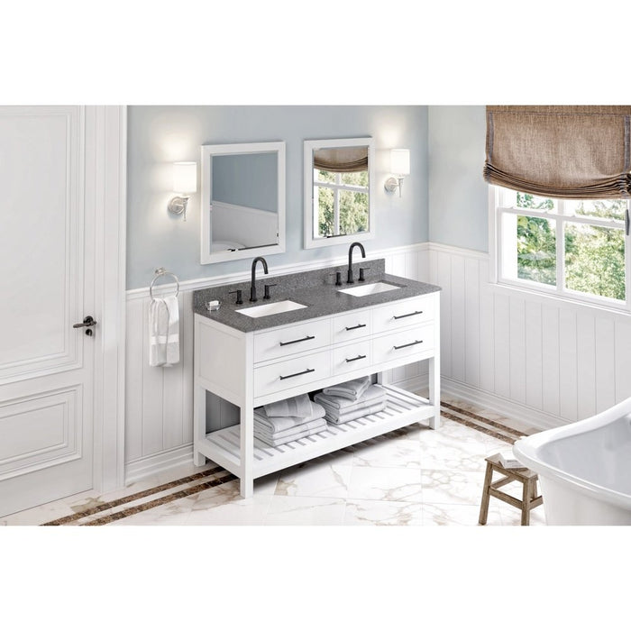 Jeffrey Alexander 60" White Wavecrest Vanity, double bowl, Boulder Cultured Marble Vanity Top, two undermount rectangle bowls