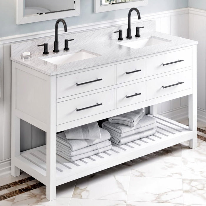 Jeffrey Alexander 60" White Wavecrest Vanity, double bowl, White Carrara Marble Vanity Top, two undermount rectangle bowls