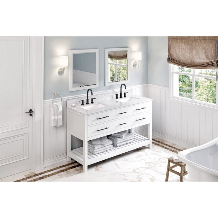 Jeffrey Alexander 60" White Wavecrest Vanity, double bowl, White Carrara Marble Vanity Top, two undermount rectangle bowls