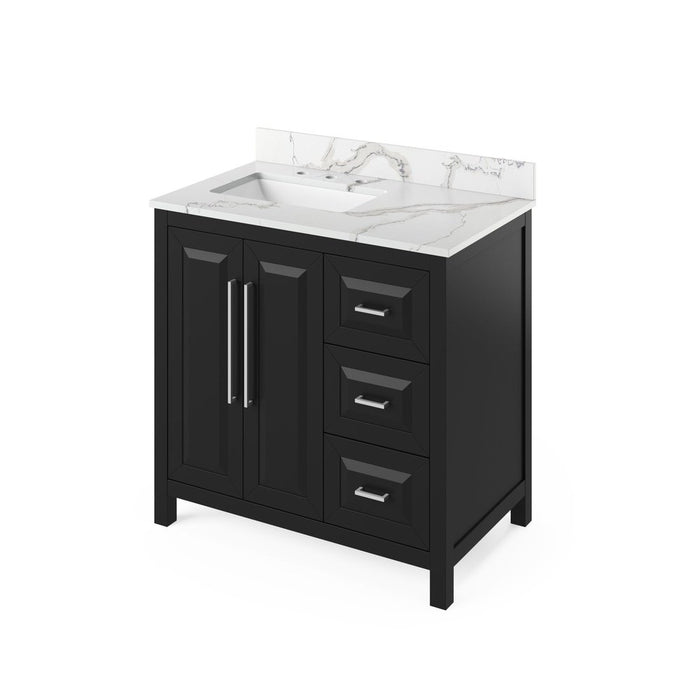 Jeffrey Alexander 36" Black Cade Vanity, left offset, Calacatta Vienna Quartz Vanity Top, undermount rectangle bowl