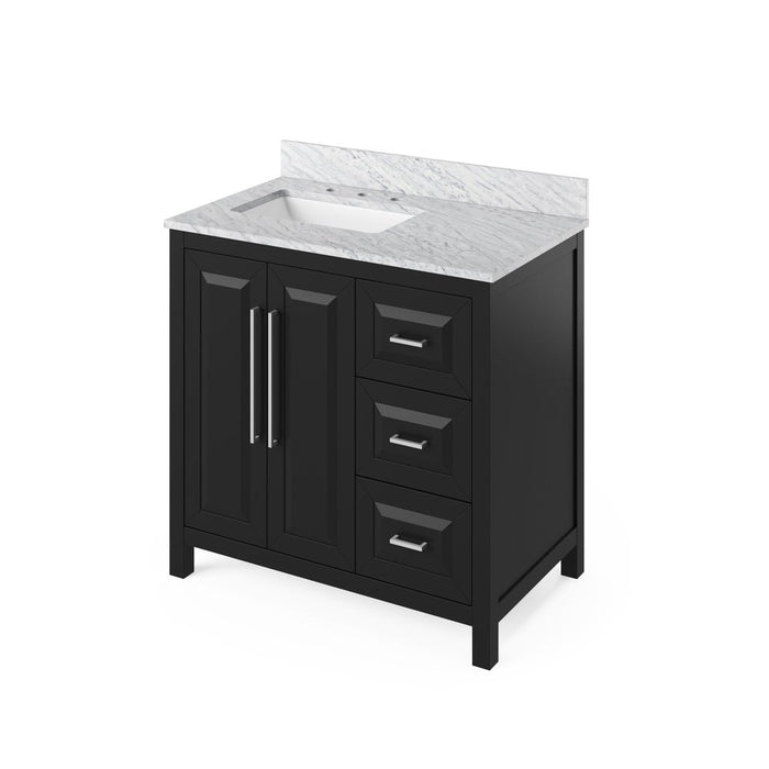 Jeffrey Alexander 36" Black Cade Vanity, left offset, White Carrara Marble Vanity Top, undermount rectangle bowl