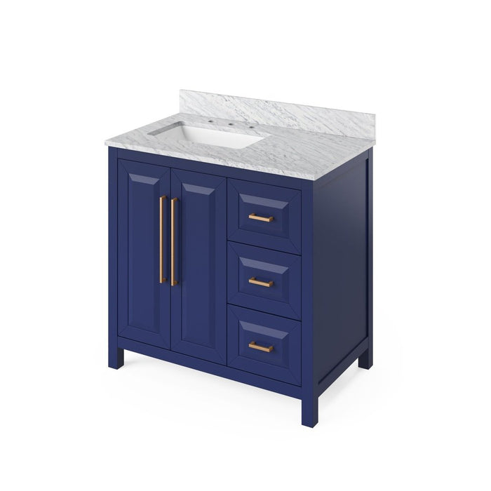 Jeffrey Alexander 36" Hale Blue Cade Vanity, left offset, White Carrara Marble Vanity Top, undermount rectangle bowl