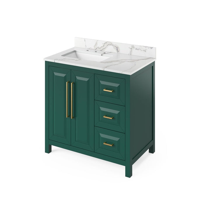 Jeffrey Alexander 36" Forest Green Cade Vanity, left offset, Calacatta Vienna Quartz Vanity Top, undermount rectangle bowl