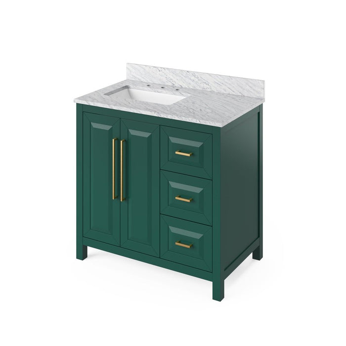 Jeffrey Alexander 36" Forest Green Cade Vanity, left offset, White Carrara Marble Vanity Top, undermount rectangle bowl