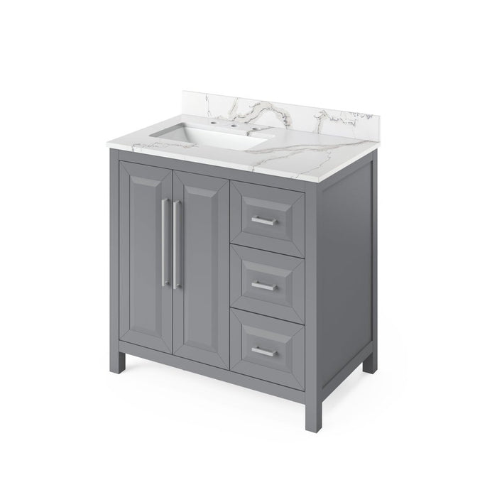 Jeffrey Alexander 36" Grey Cade Vanity, left offset, Calacatta Vienna Quartz Vanity Top, undermount rectangle bowl