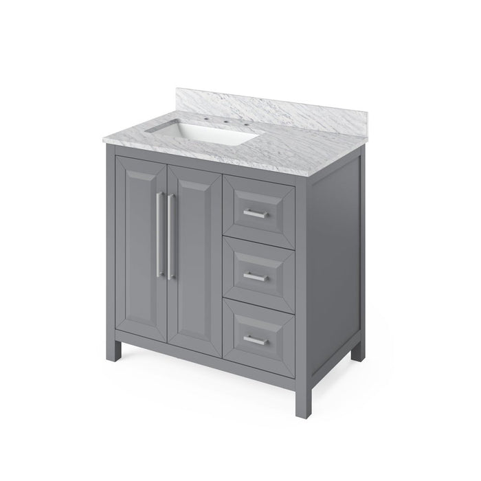 Jeffrey Alexander 36" Grey Cade Vanity, left offset, White Carrara Marble Vanity Top, undermount rectangle bowl