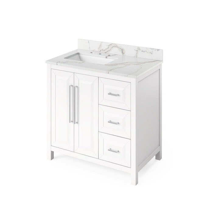 Jeffrey Alexander 36" White Cade Vanity, left offset, Calacatta Vienna Quartz Vanity Top, undermount rectangle bowl