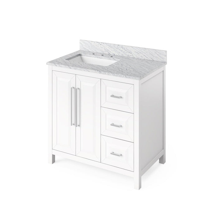 Jeffrey Alexander 36" White Cade Vanity, left offset, White Carrara Marble Vanity Top, undermount rectangle bowl