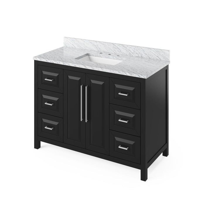 Jeffrey Alexander 48" Black Cade Vanity, White Carrara Marble Vanity Top, undermount rectangle bowl