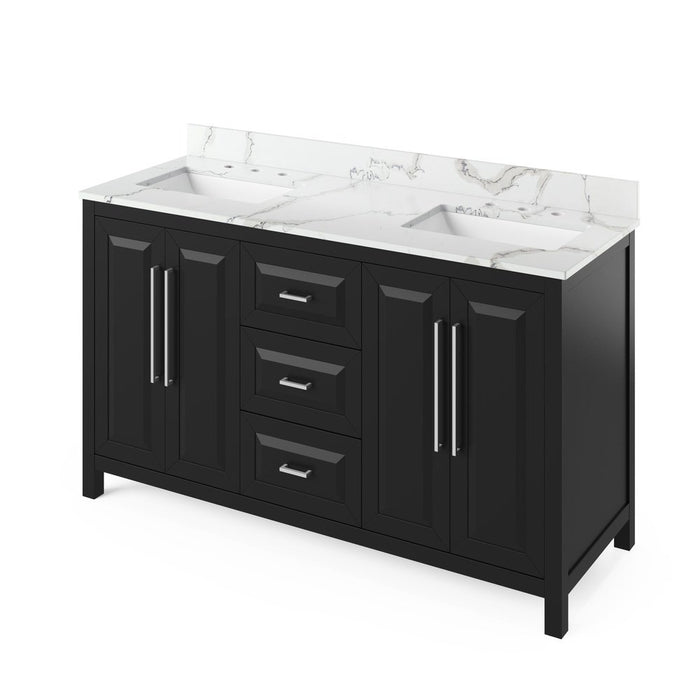 Jeffrey Alexander 60" Black Cade Vanity, double bowl, Calacatta Vienna Quartz Vanity Top, two undermount rectangle bowls