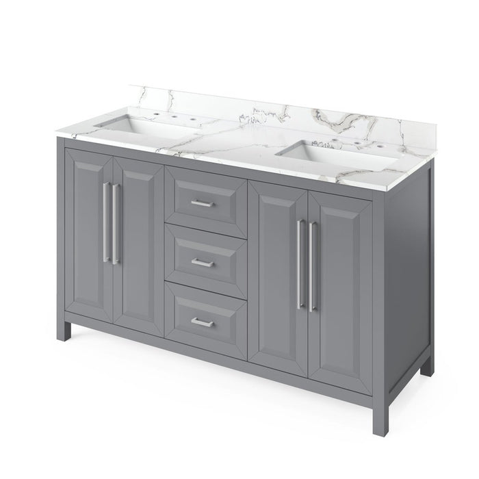 Jeffrey Alexander 60" Grey Cade Vanity, double bowl, Calacatta Vienna Quartz Vanity Top, undermount rectangle bowl