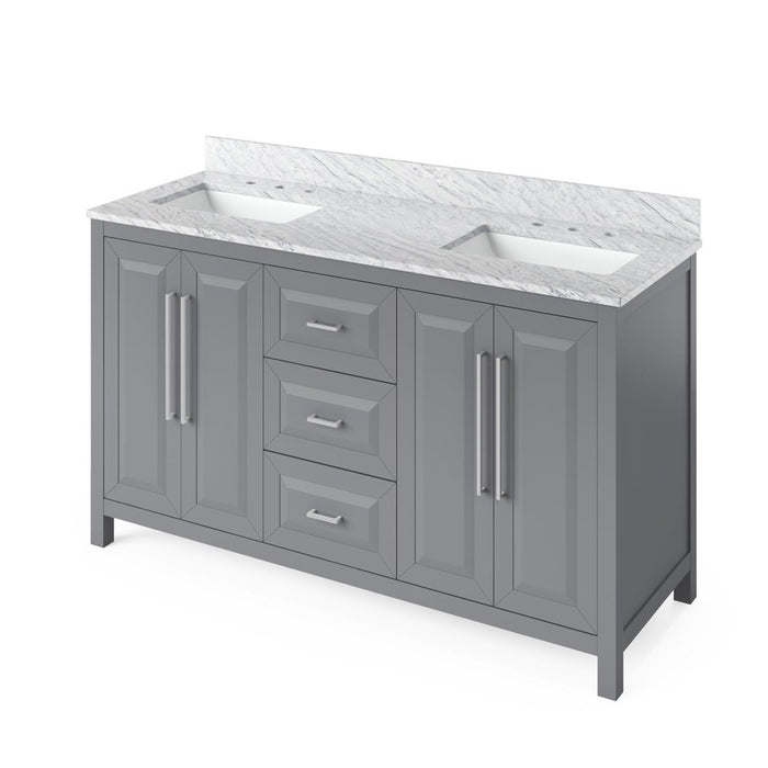 Jeffrey Alexander 60" Grey Cade Vanity, double bowl, White Carrara Marble Vanity Top, undermount rectangle bowl