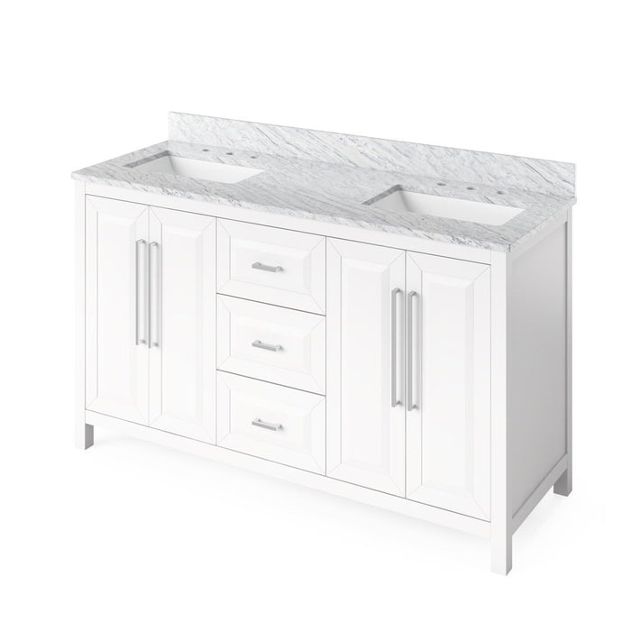 Jeffrey Alexander 60" White Cade Vanity, double bowl, White Carrara Marble Vanity Top, undermount rectangle bowl