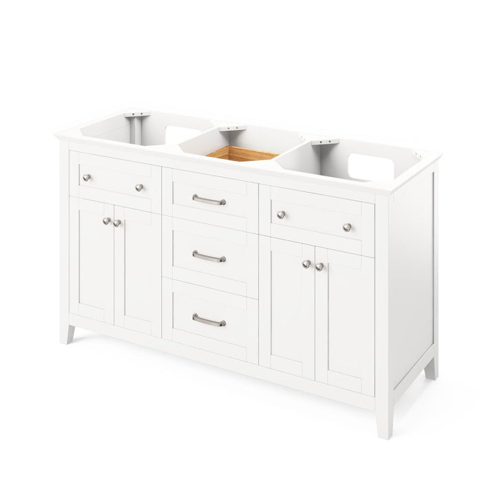 Jeffrey Alexander 60" White Chatham Vanity, double bowl, Boulder Cultured Marble Vanity Top, two undermount rectangle bowls