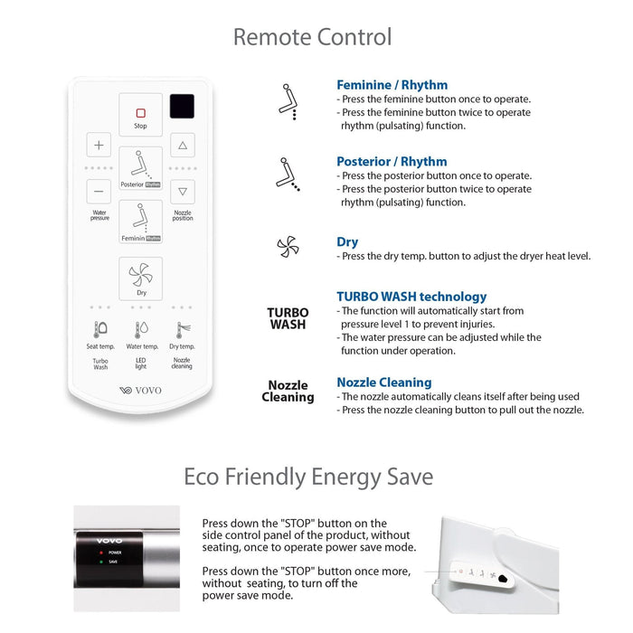 VOVO Stylement VB-4000SE Elongated Electric Premium Smart Bidet Toilet Seat With Wireless Remote Control