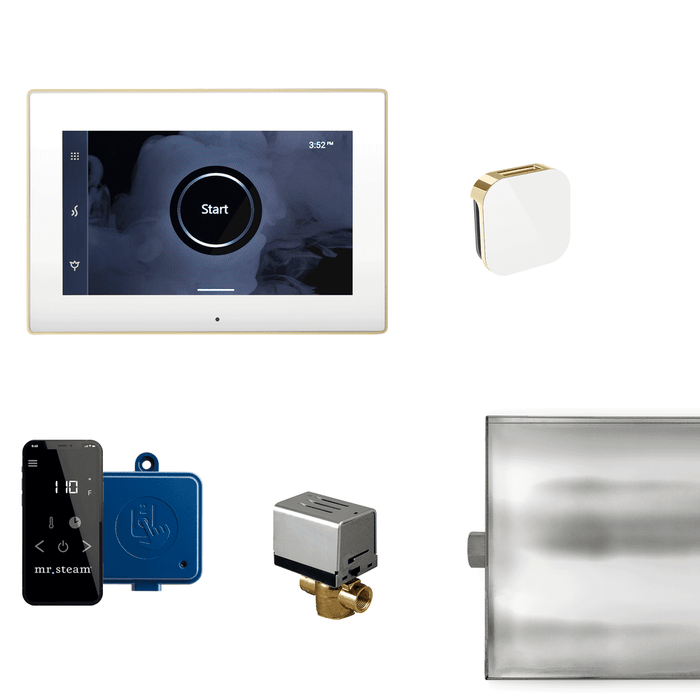 Mr. Steam XButler Steam Shower Control Package with iSteamX Control and Aroma Glass SteamHead in White Polished Brass