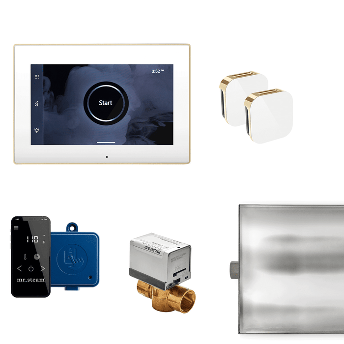 Mr. Steam XButler Max Steam Shower Control Package with iSteamX Control and Aroma Glass SteamHead in White Polished Brass