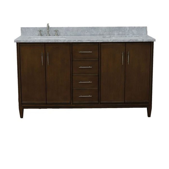 Bellaterra Home MCM 61" Double sink vanity in Walnut finish with White Carrara marble and rectangle sink