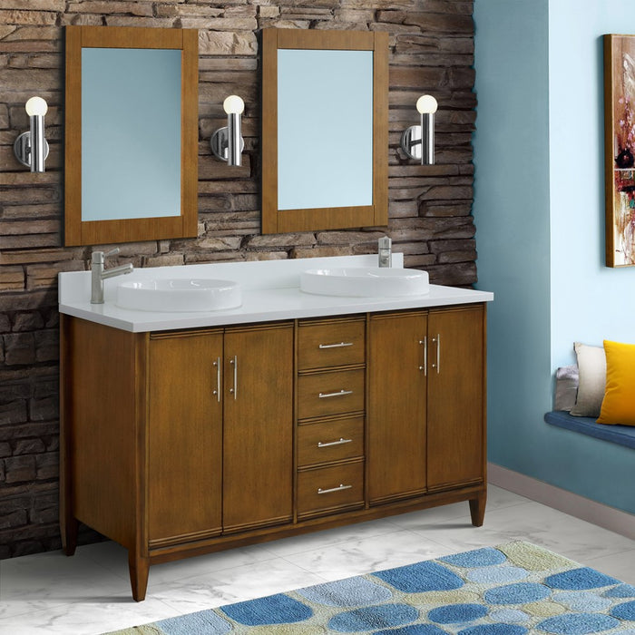 Bellaterra Home MCM 61" Double sink vanity in Walnut finish with White quartz and round sink