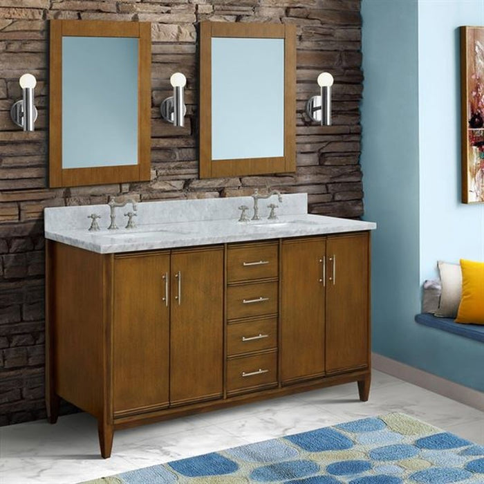 Bellaterra Home MCM 61" Double sink vanity in Walnut finish with White Carrara marble and rectangle sink