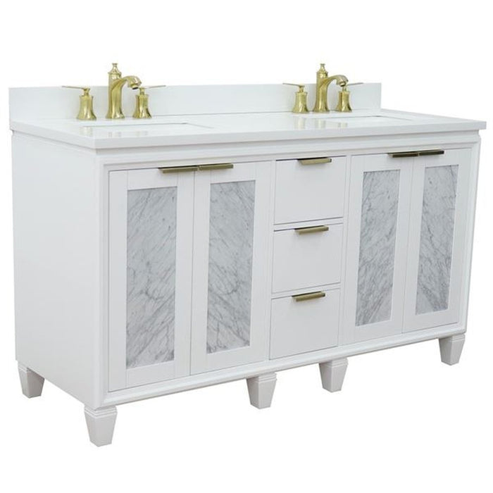 Bellaterra Home Trento 61" Double sink vanity in White finish with White quartz and rectangle sink