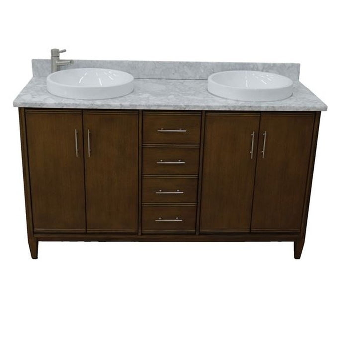 Bellaterra Home MCM 61" Double sink vanity in Walnut finish with White Carrara marble and round sink