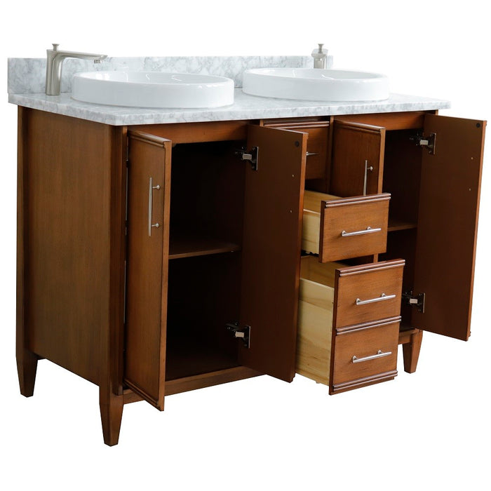 Bellaterra Home MCM 49" Double sink vanity in Walnut finish with White Carrara marble and round sink