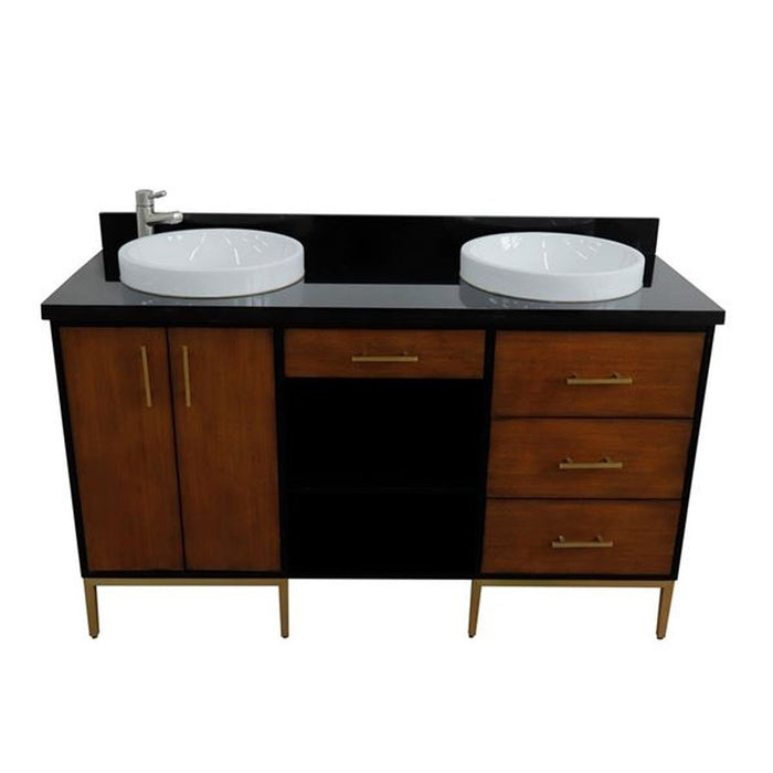 Bellaterra Home Imola 61" Double sink vanity in Walnut and Black finish and Black galaxy granite and round sink