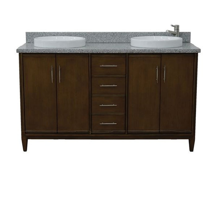 Bellaterra Home MCM 61" Double sink vanity in Walnut finish with Gray granite and round sink