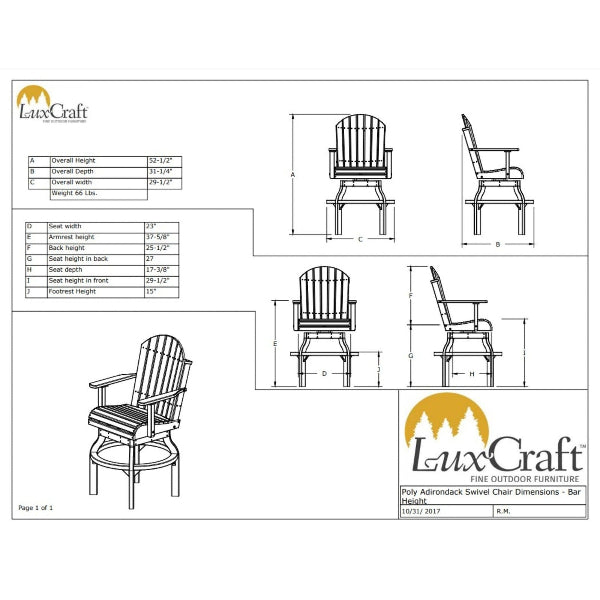 LuxCraft Bar Height Poly Adirondack Swivel Chair