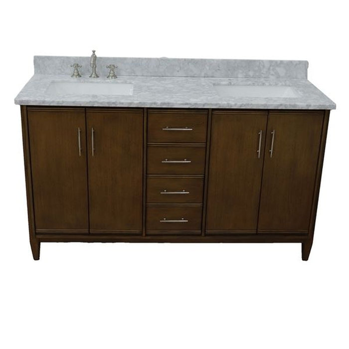 Bellaterra Home MCM 61" Double sink vanity in Walnut finish with White Carrara marble and rectangle sink