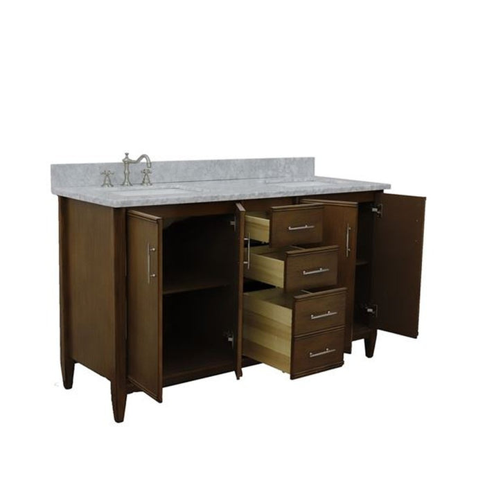 Bellaterra Home MCM 61" Double sink vanity in Walnut finish with White Carrara marble and rectangle sink