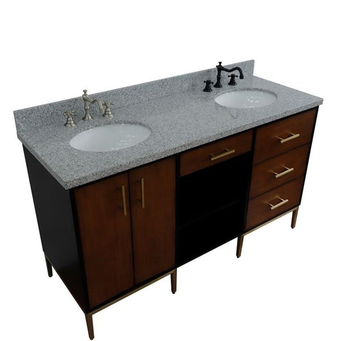 Bellaterra Home Imola 61" Double sink vanity in Walnut and Black finish and Gray granite and oval sink