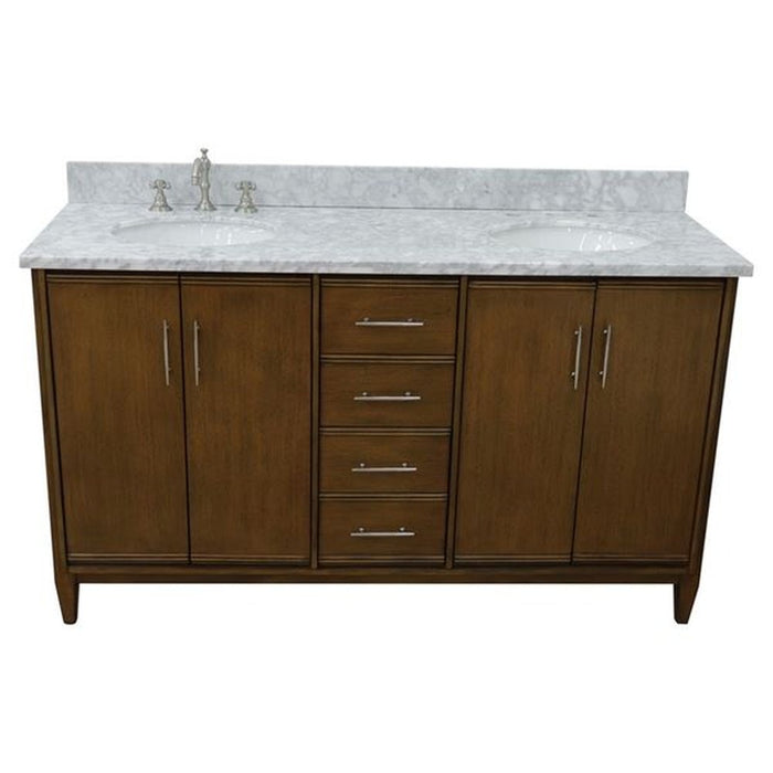 Bellaterra Home MCM 61" Double sink vanity in Walnut finish with White Carrara marble and oval sink