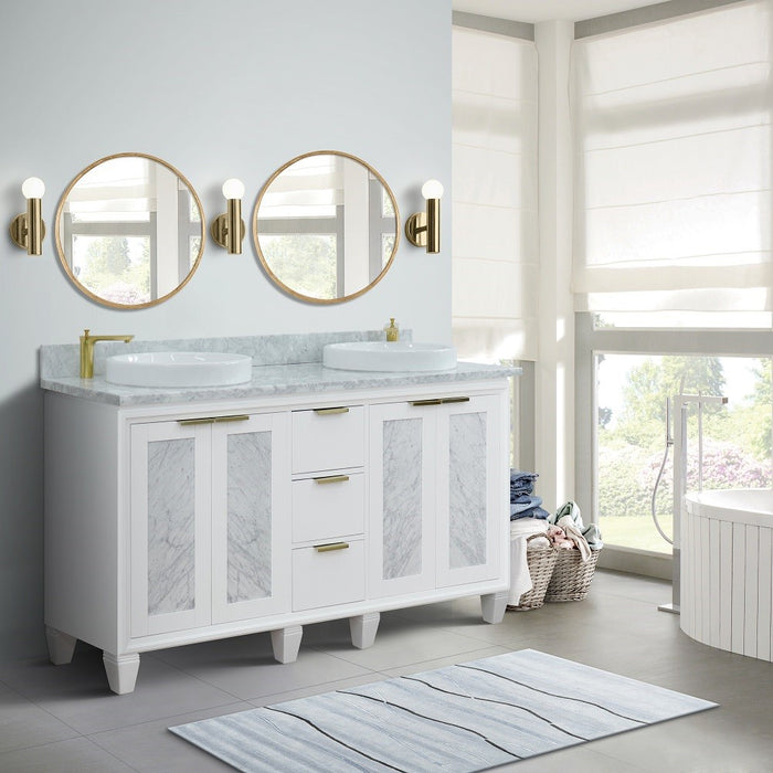 Bellaterra Home Trento 61" Double sink vanity in White finish with White Carrara marble and round sink