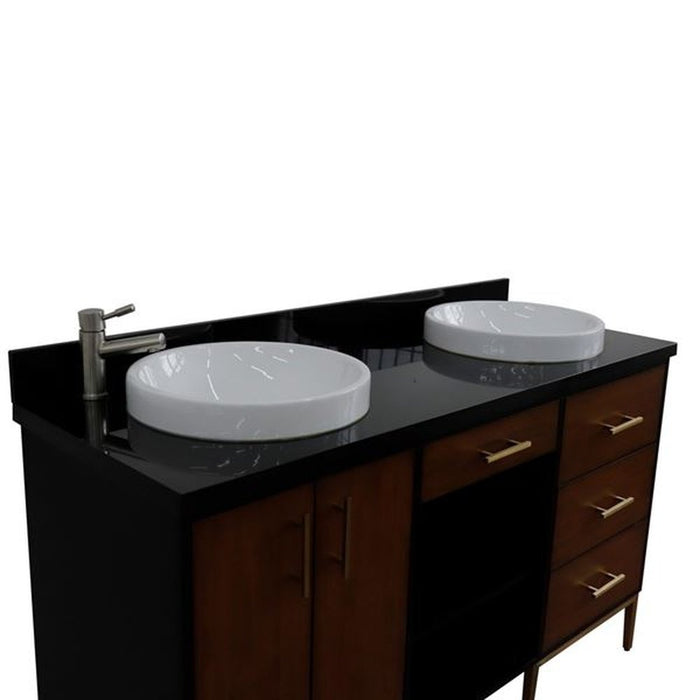 Bellaterra Home Imola 61" Double sink vanity in Walnut and Black finish and Black galaxy granite and round sink