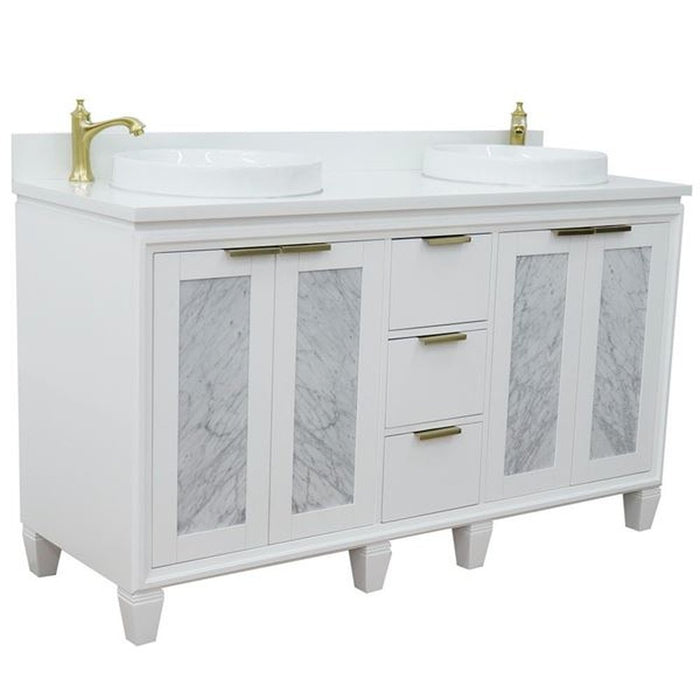 Bellaterra Home Trento 61" Double sink vanity in White finish with White quartz and round sink