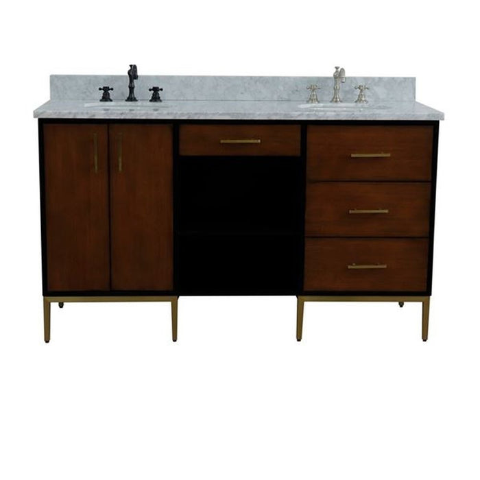 Bellaterra Home Imola 61" Double sink vanity in Walnut and Black finish and White Carrara marble and oval sink