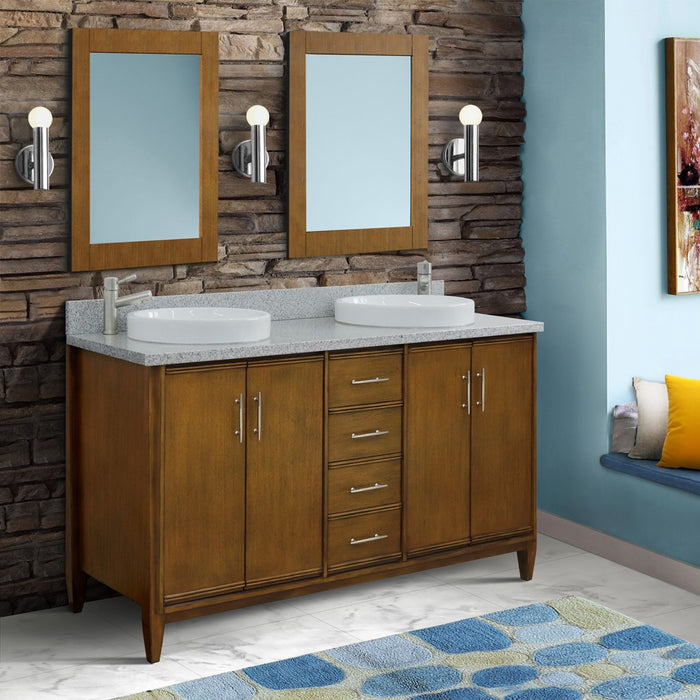 Bellaterra Home MCM 61" Double sink vanity in Walnut finish with Gray granite and round sink